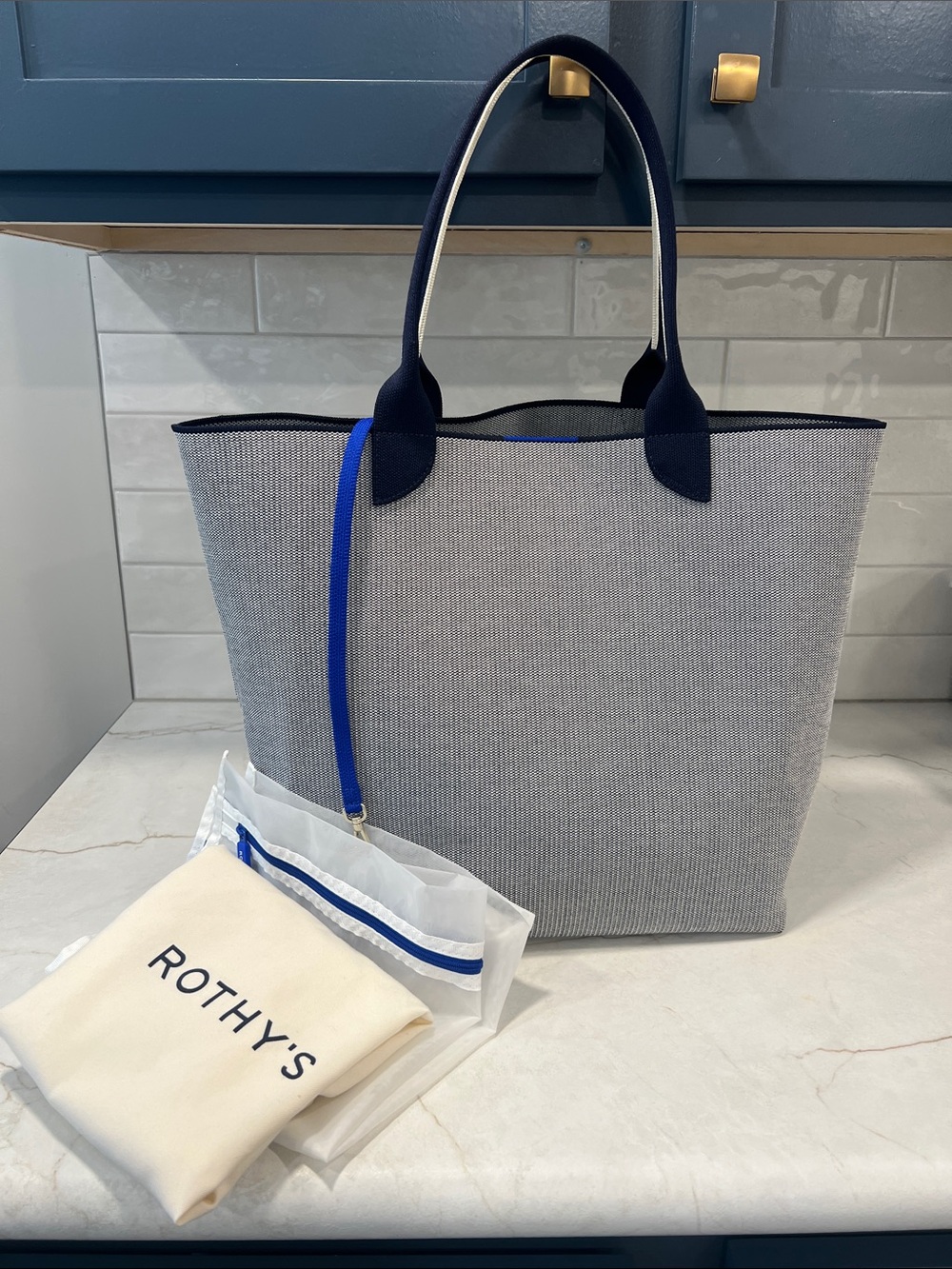 Rothy's Gray Tote with Navy Trim and Bright Blue Strap